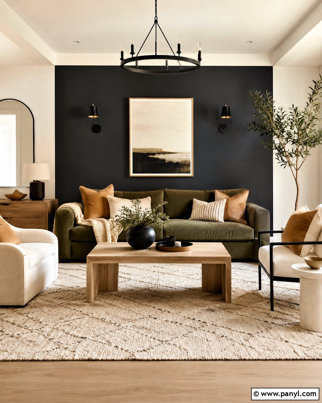Soft Black Accent Wall With Green Sofa - 35 Wall Color For Green Sofa Ideas