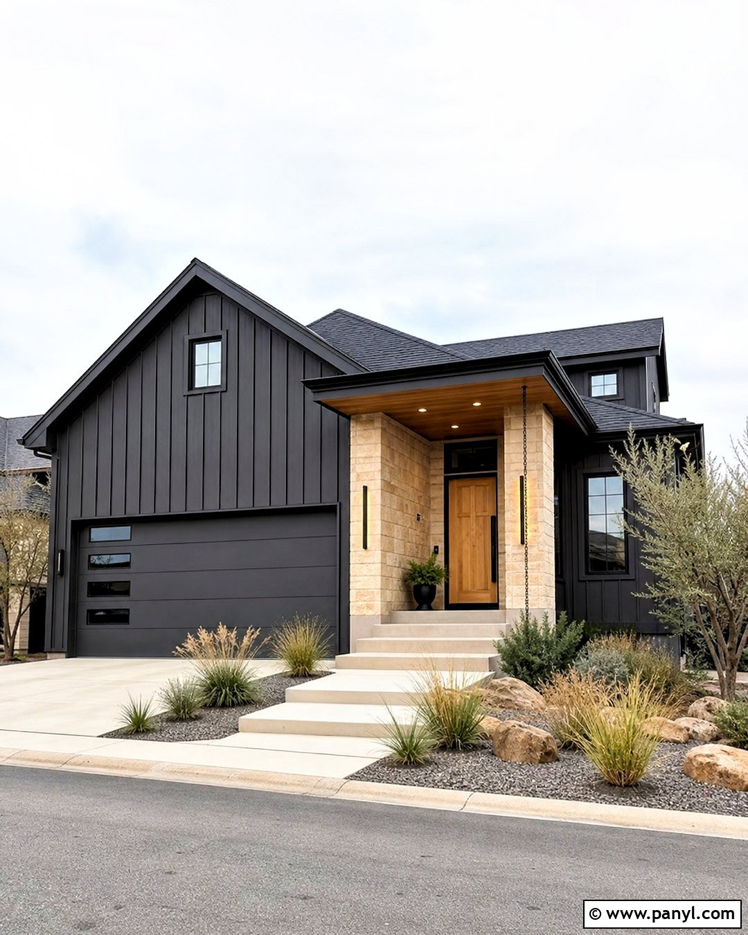 Soft Black Exterior Walls With Tan Stone - 20 exterior wall painting ideas