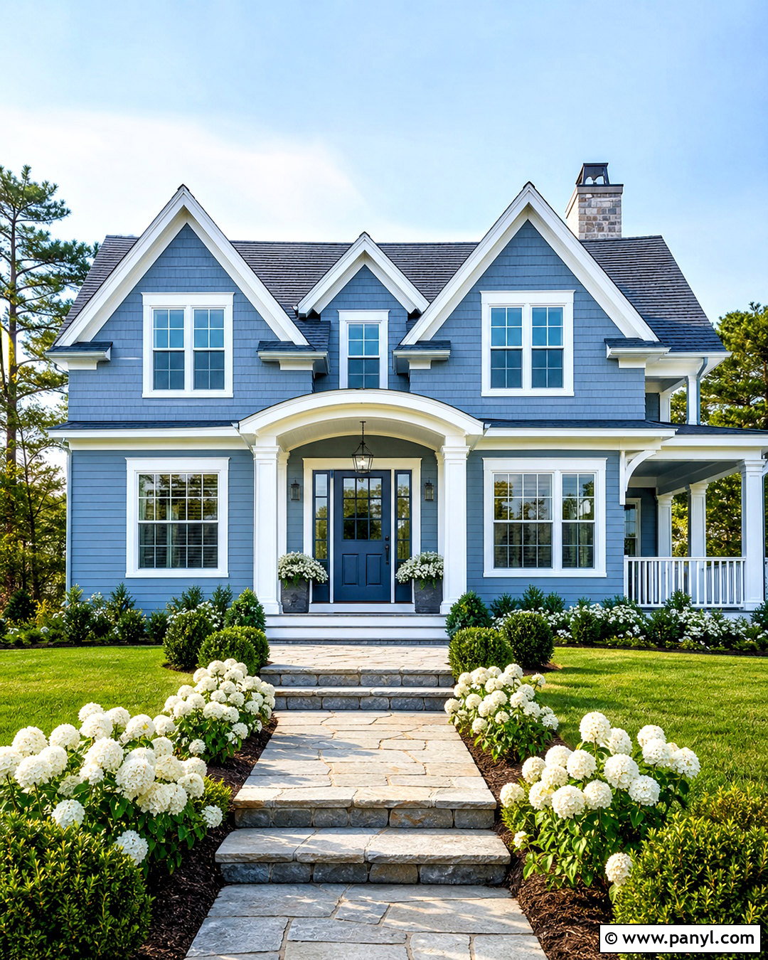 Soft Blue House Color With Warm White Trim - 20 house color ideas