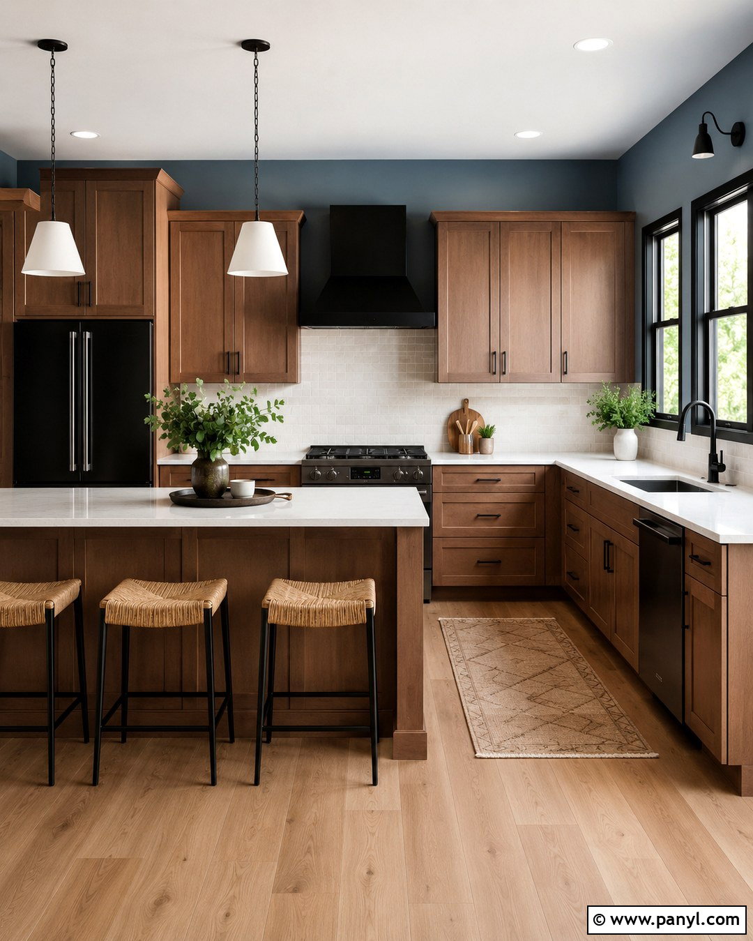 Soft Blue Kitchen Walls With Brown Cabinets And Black Accents - 20 Blue Kitchen Walls With Brown Cabinets