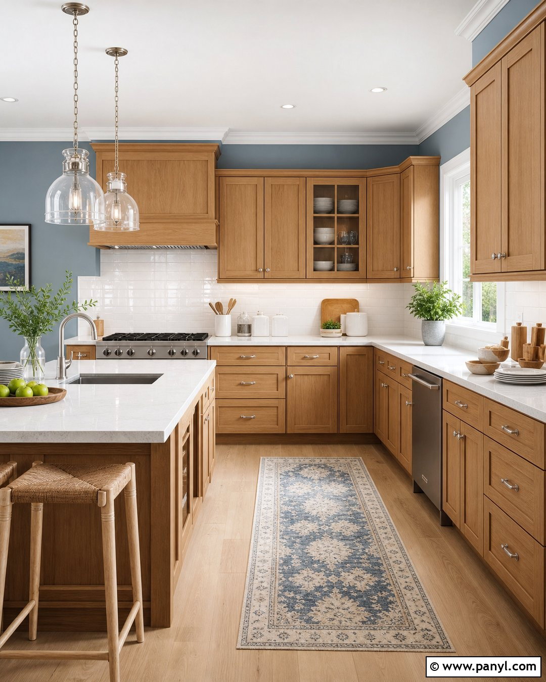 Soft Blue Kitchen Walls With Oak Cabinets - 25 Kitchen Wall Color With Natural Wood Cabinet Ideas