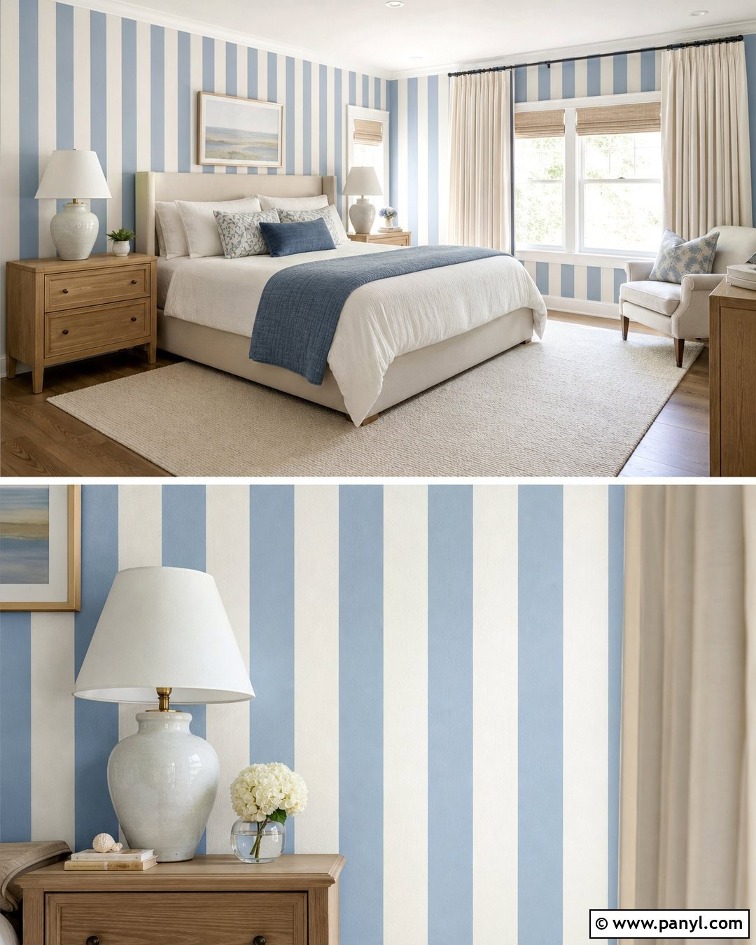 Soft Blue Vertical Stripe Wall Bedroom - 25 Blue Stripe Painted Wall Ideas