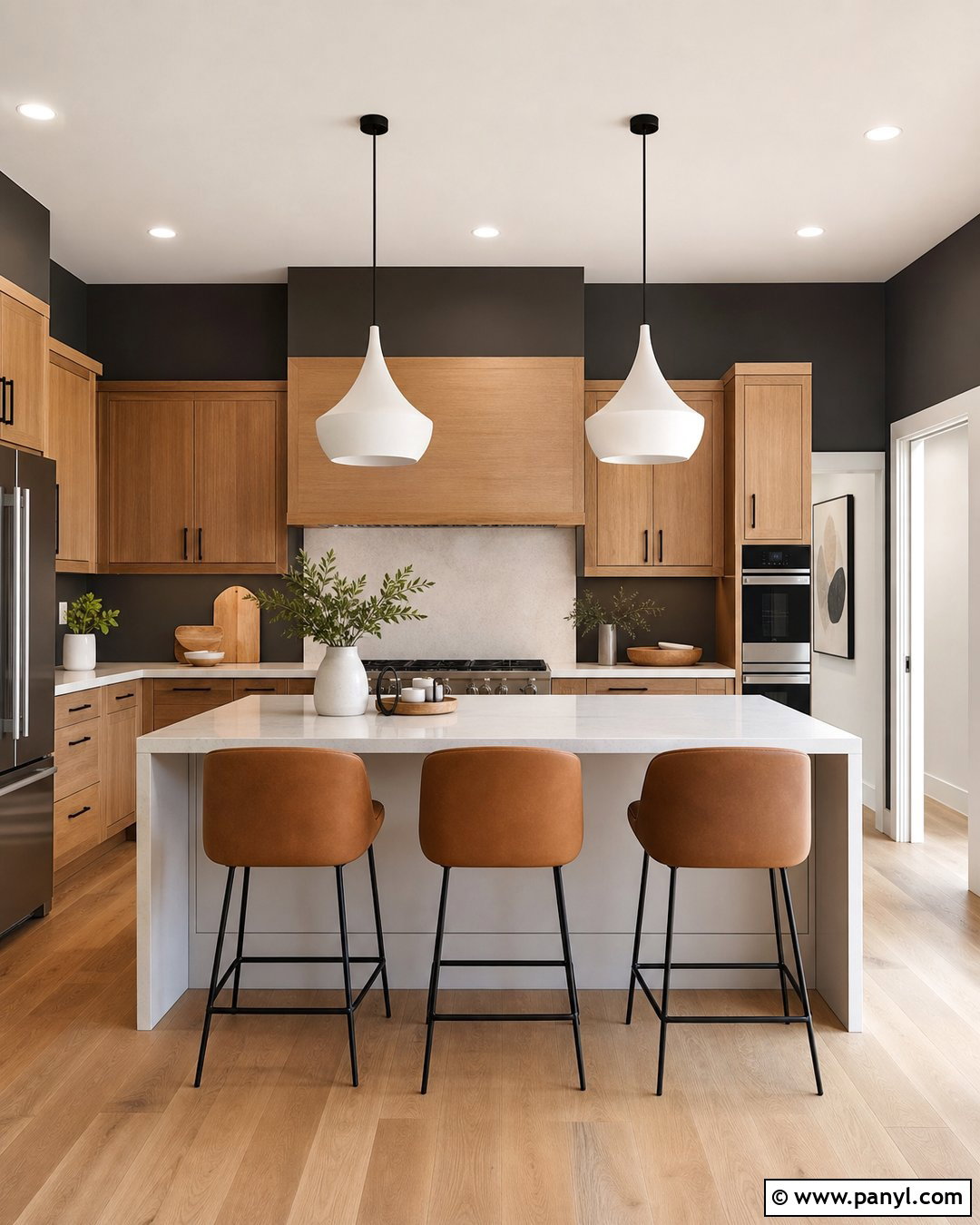 Soft Charcoal Kitchen Walls With Wood Cabinets - 25 Kitchen Wall Color With Natural Wood Cabinet Ideas