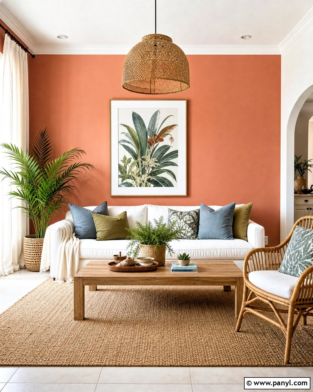 Soft Coral Accent Wall With Rattan Decor - 20 accent walls in living room ideas paint ideas