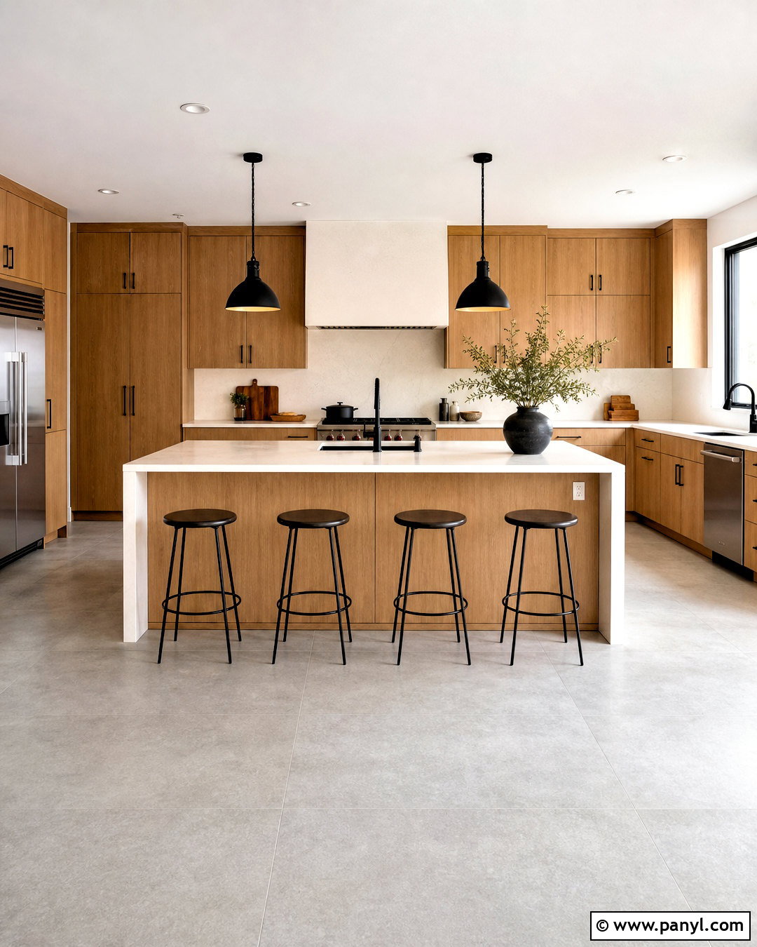 Soft Gray Concrete Look Flooring - 20 honey oak cabinets flooring ideas