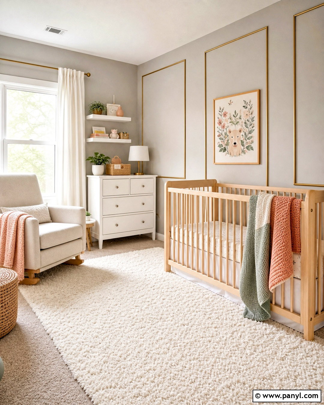 Soft Gray Nursery Wall With Gold Strips - 20 golden strips on wall ideas