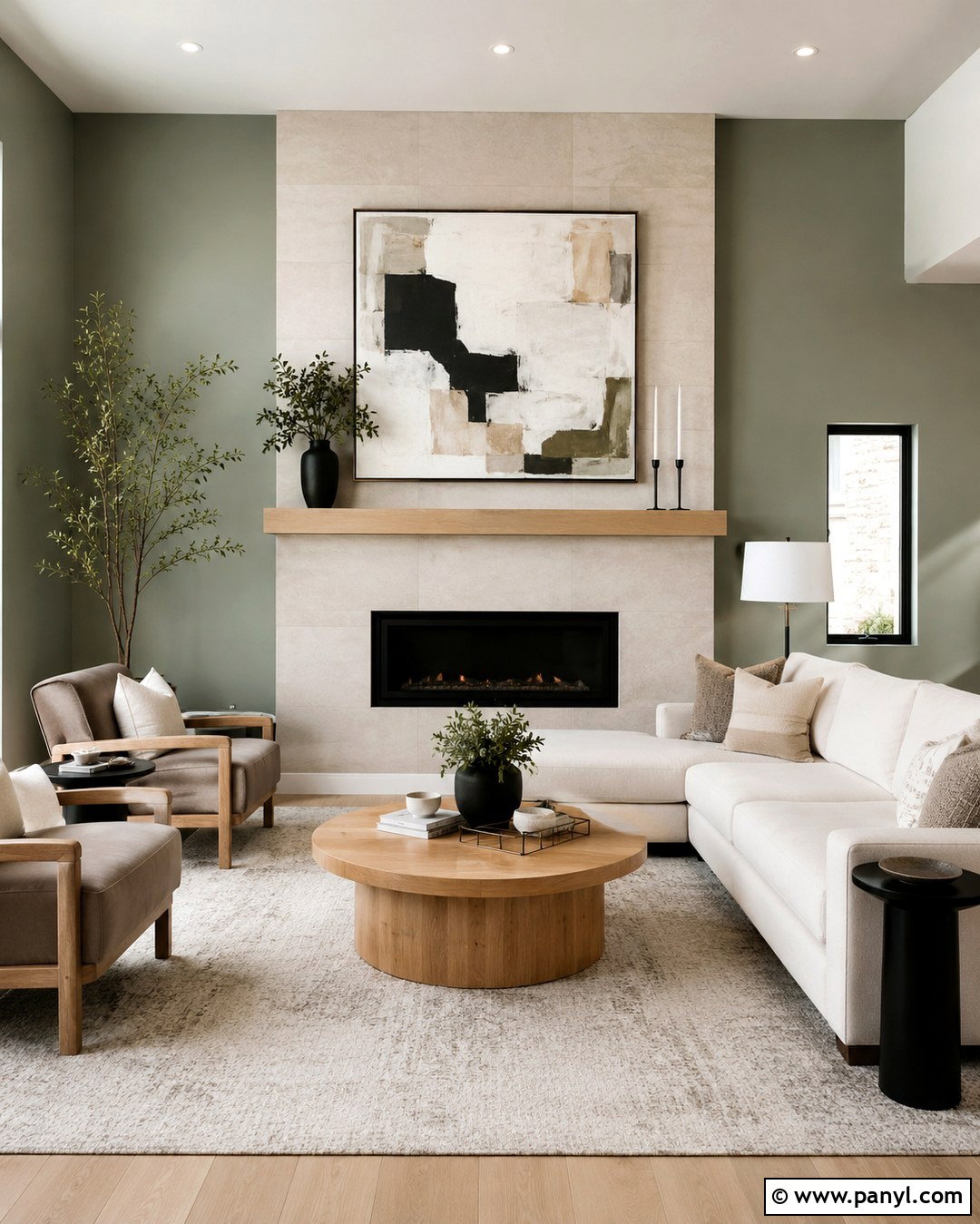 Soft Green Wall With Beige Tile Fireplace - 20 Green Wall Behind Fireplace Ideas