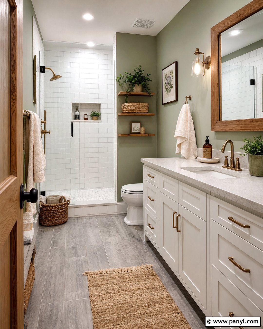 Soft Green Walls With Gray Wood Look Tiles - 20 Grey Tiles Green Walls