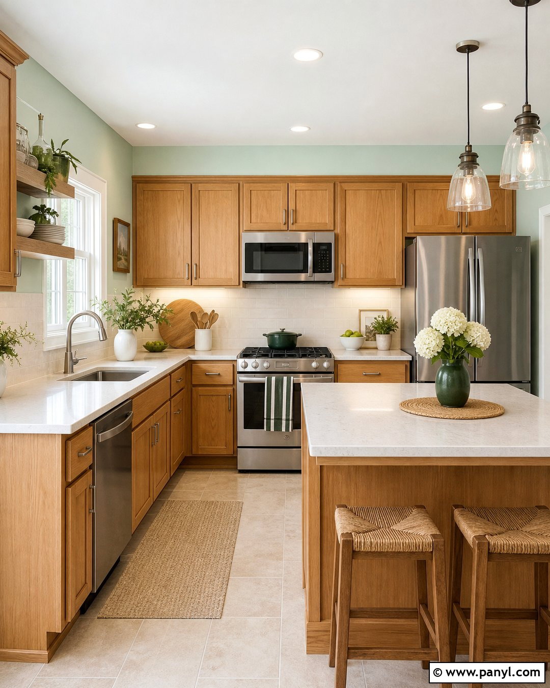 Soft Mint Walls With Honey Oak Cabinets - 35 honey oak kitchen cabinets wall color ideas
