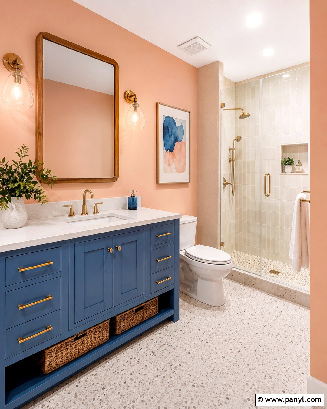 Soft Peach Bathroom Walls With Medium Blue Vanity - 20 Bathroom Wall Color With Blue Vanity Ideas