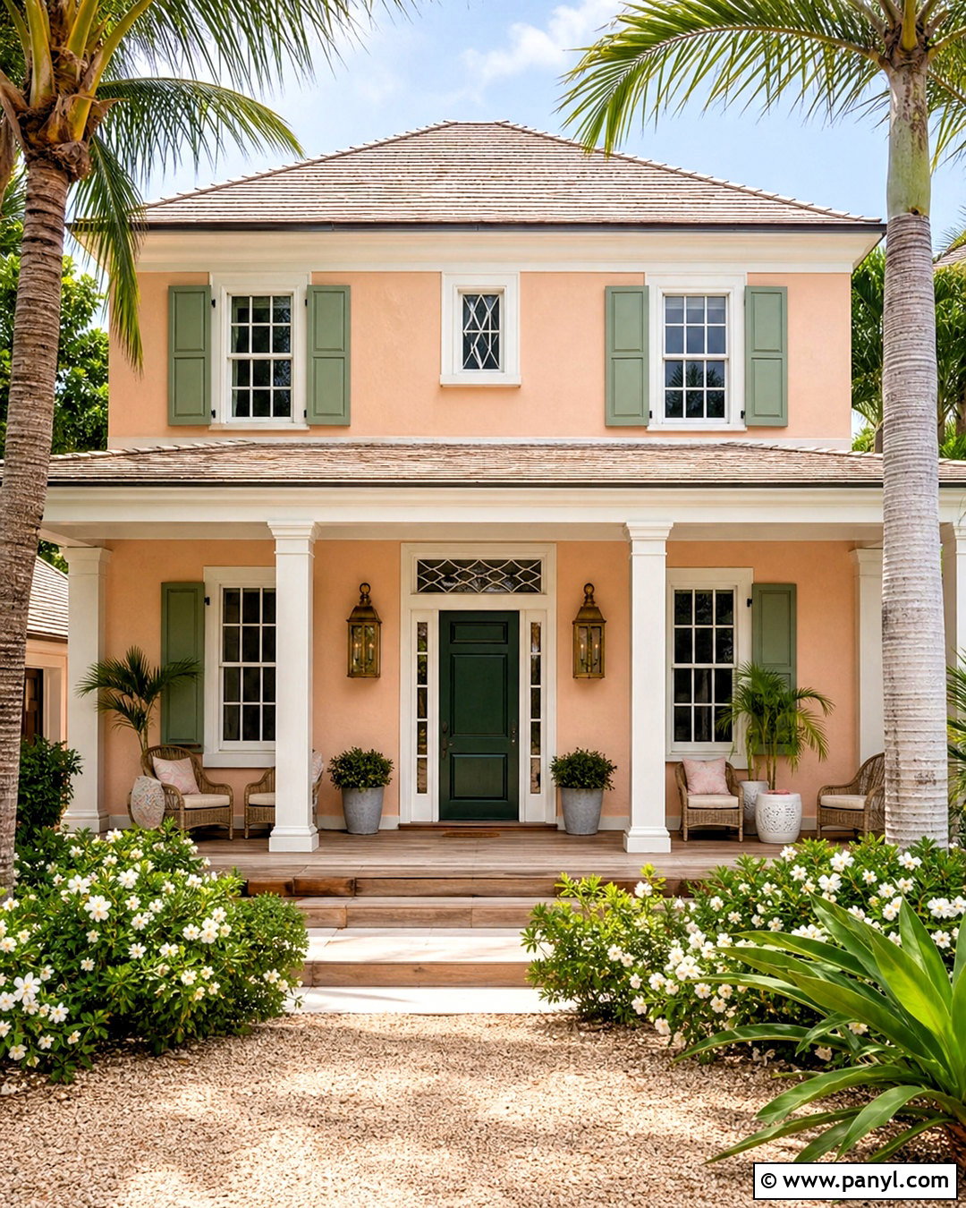 Soft Peach Beach House Exterior With Green Shutters - 20 beach house exterior paint colors
