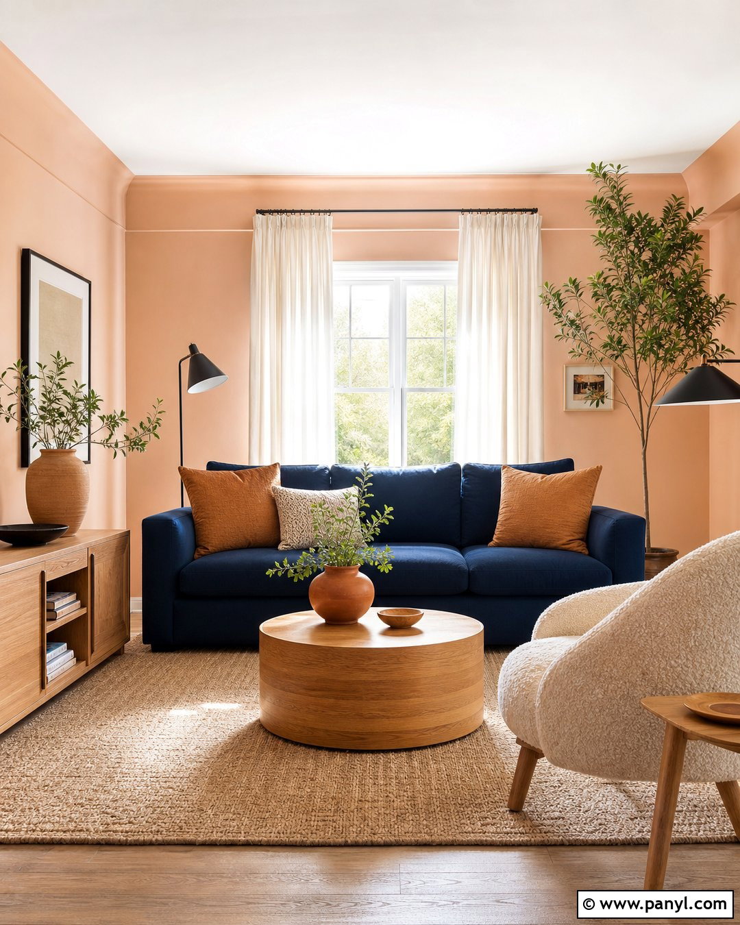 Soft Peach Walls With a Blue Couch - 20 Blue Couch Wall Color Ideas