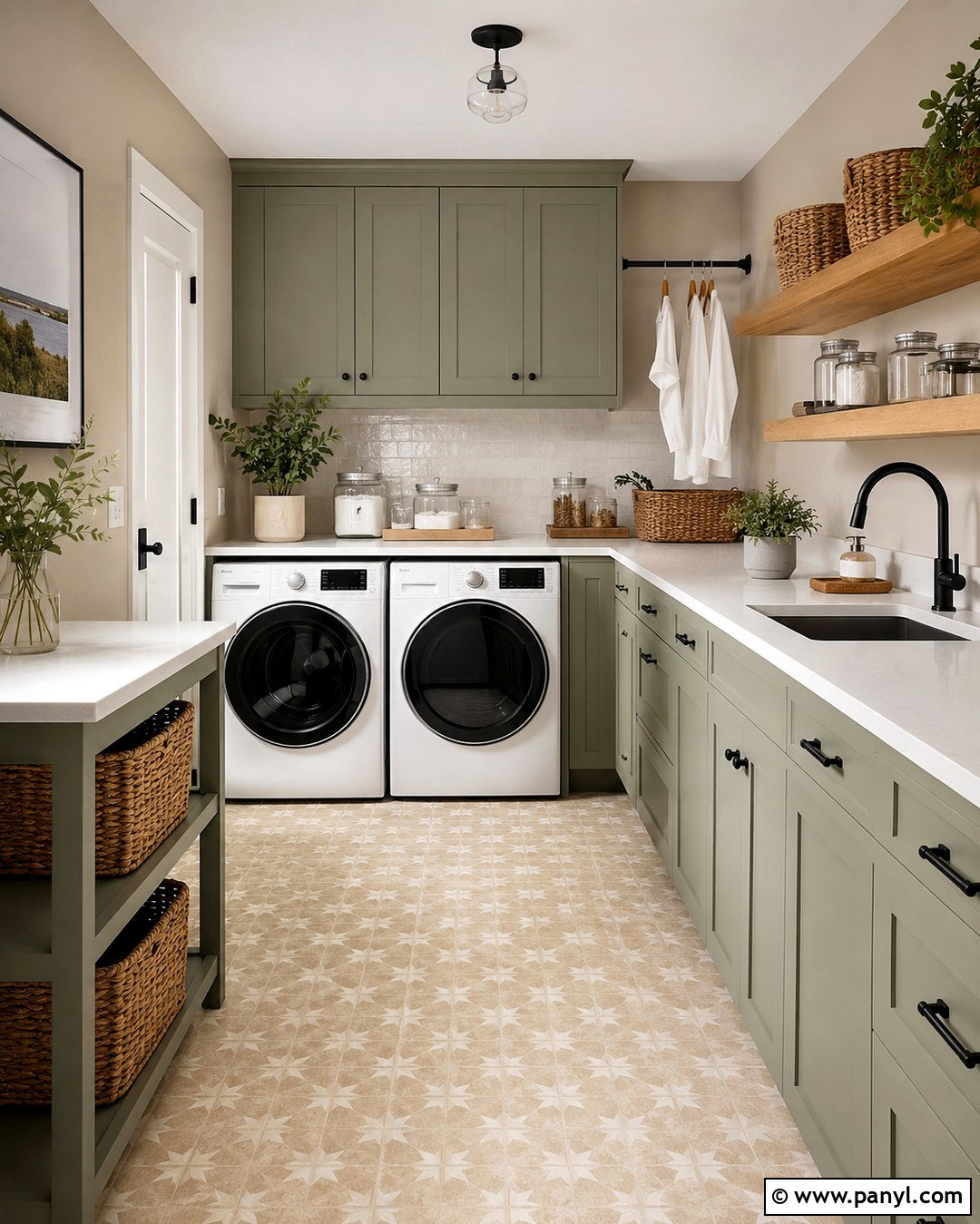 Soft Taupe Laundry Room With Green Cabinets - 20 Soft Taupe Wall Color Ideas