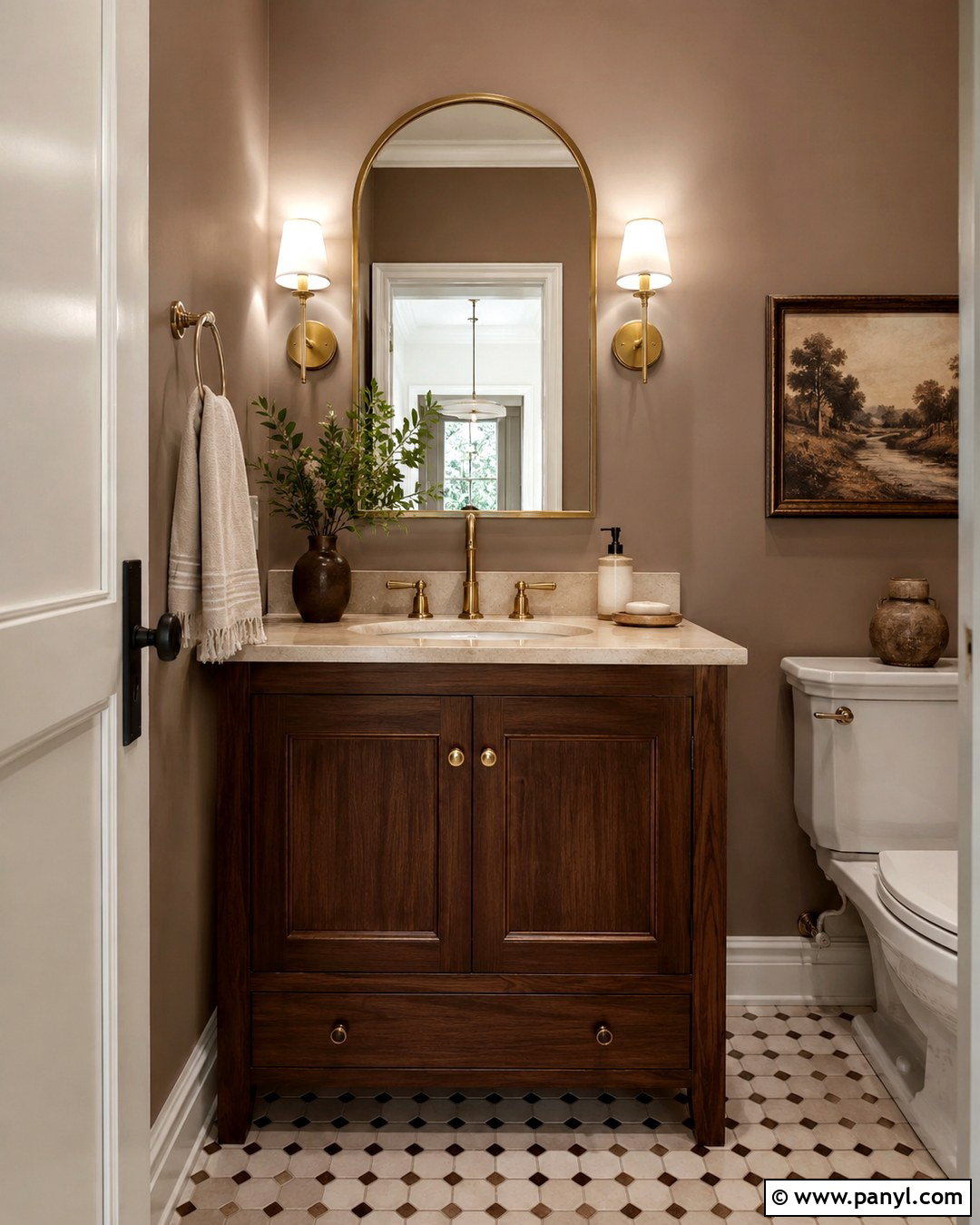 Soft Taupe Powder Room With Brass Fixtures - 20 Soft Taupe Wall Color Ideas