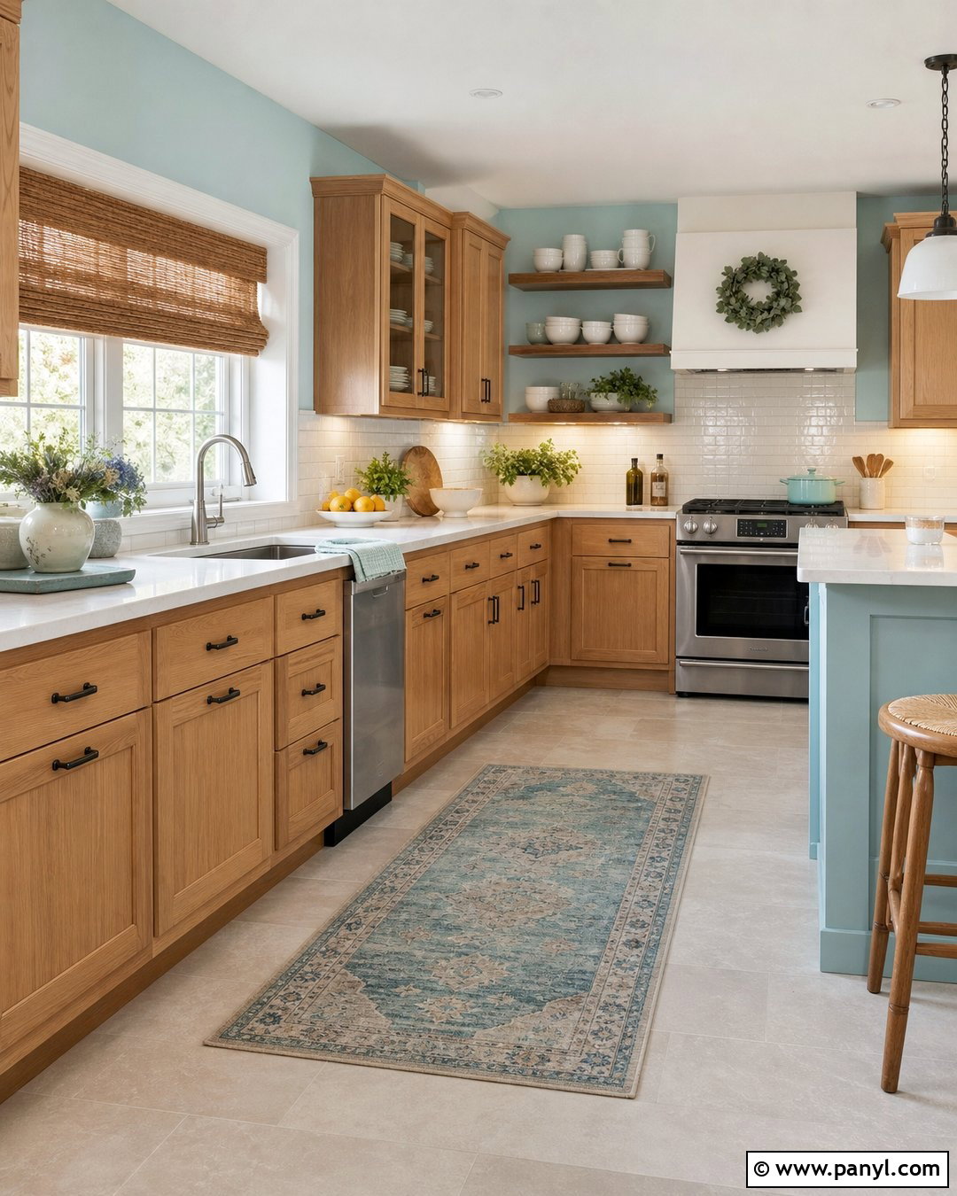 Soft Turquoise Walls With Honey Oak Cabinets - 35 honey oak kitchen cabinets wall color ideas