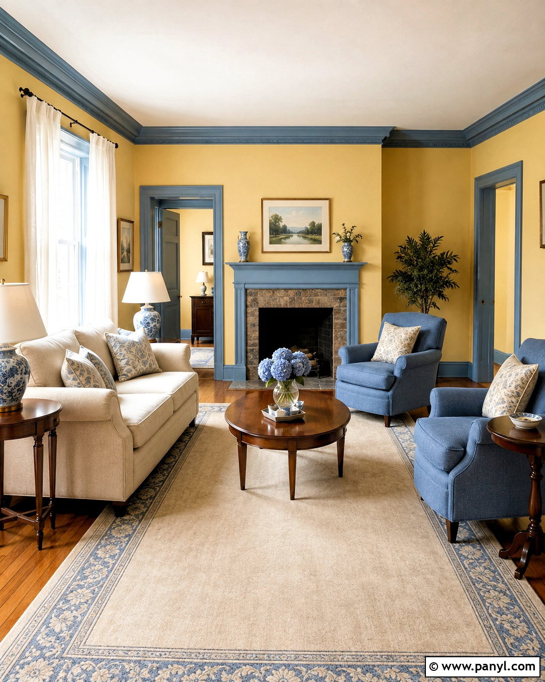 Soft Yellow Living Room With Blue Trim - 20 Yellow Wall With Blue Trim Ideas