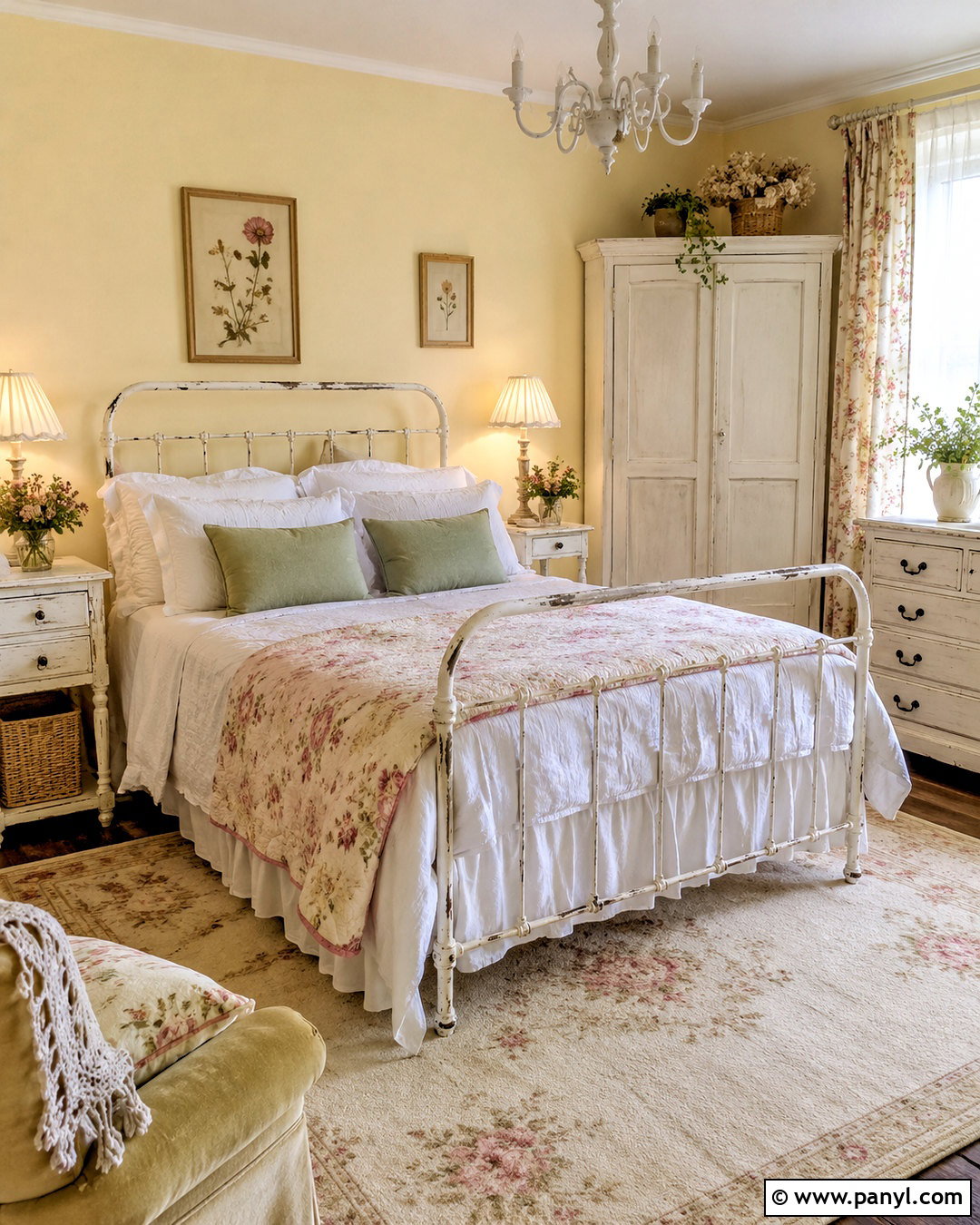 Soft Yellow Wall Shabby Chic Bedroom - 20 Yellow Wall Vintage Style Ideas