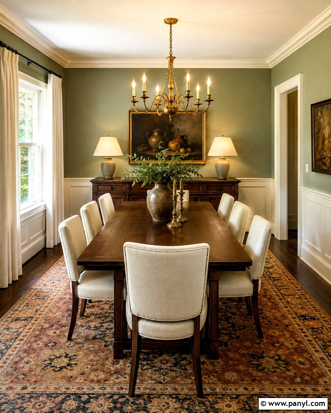 Softened Green Dining Room With Walnut Furniture - 35 softened green sherwin williams ideas