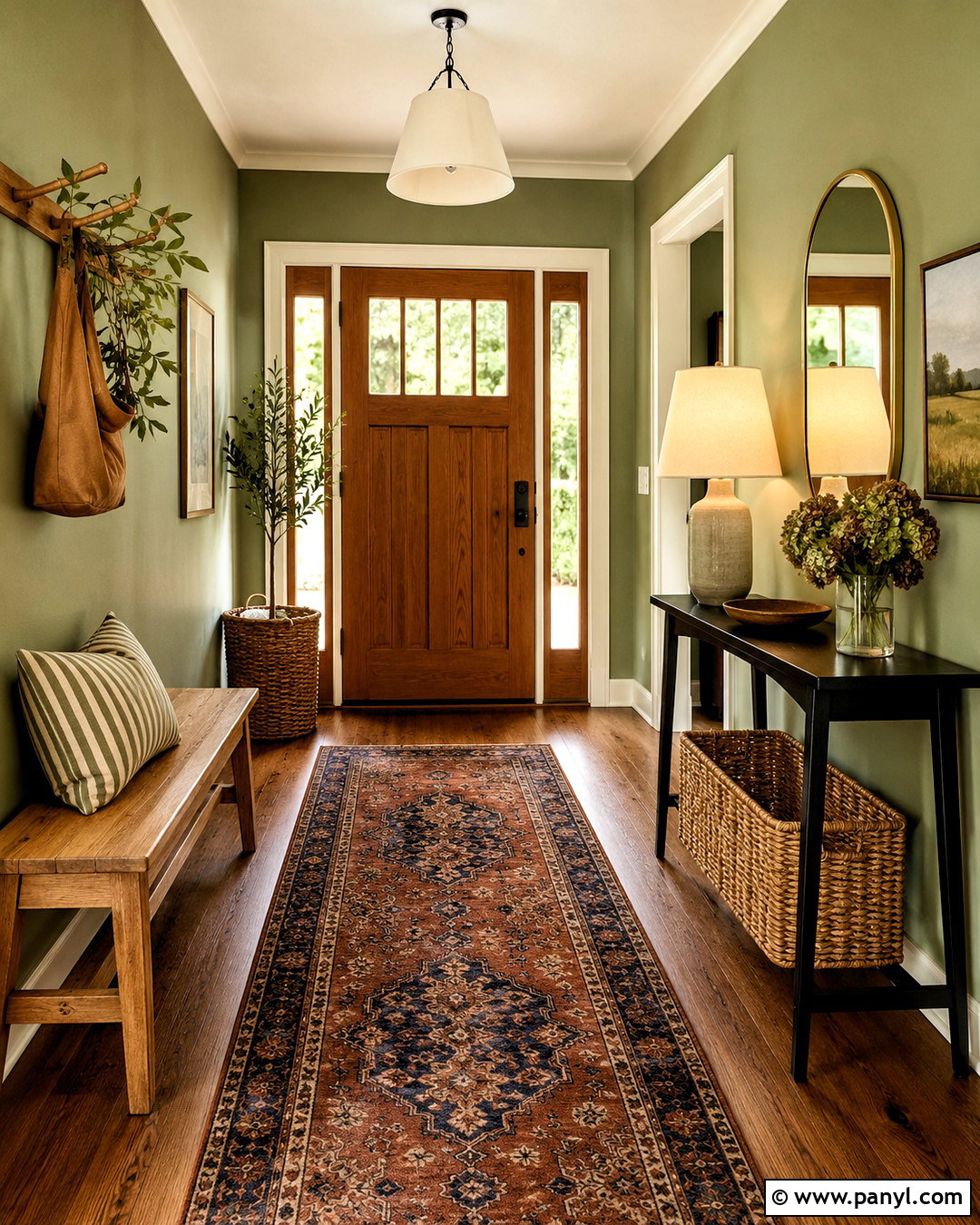 Softened Green Entryway With Wood Bench - 35 softened green sherwin williams ideas