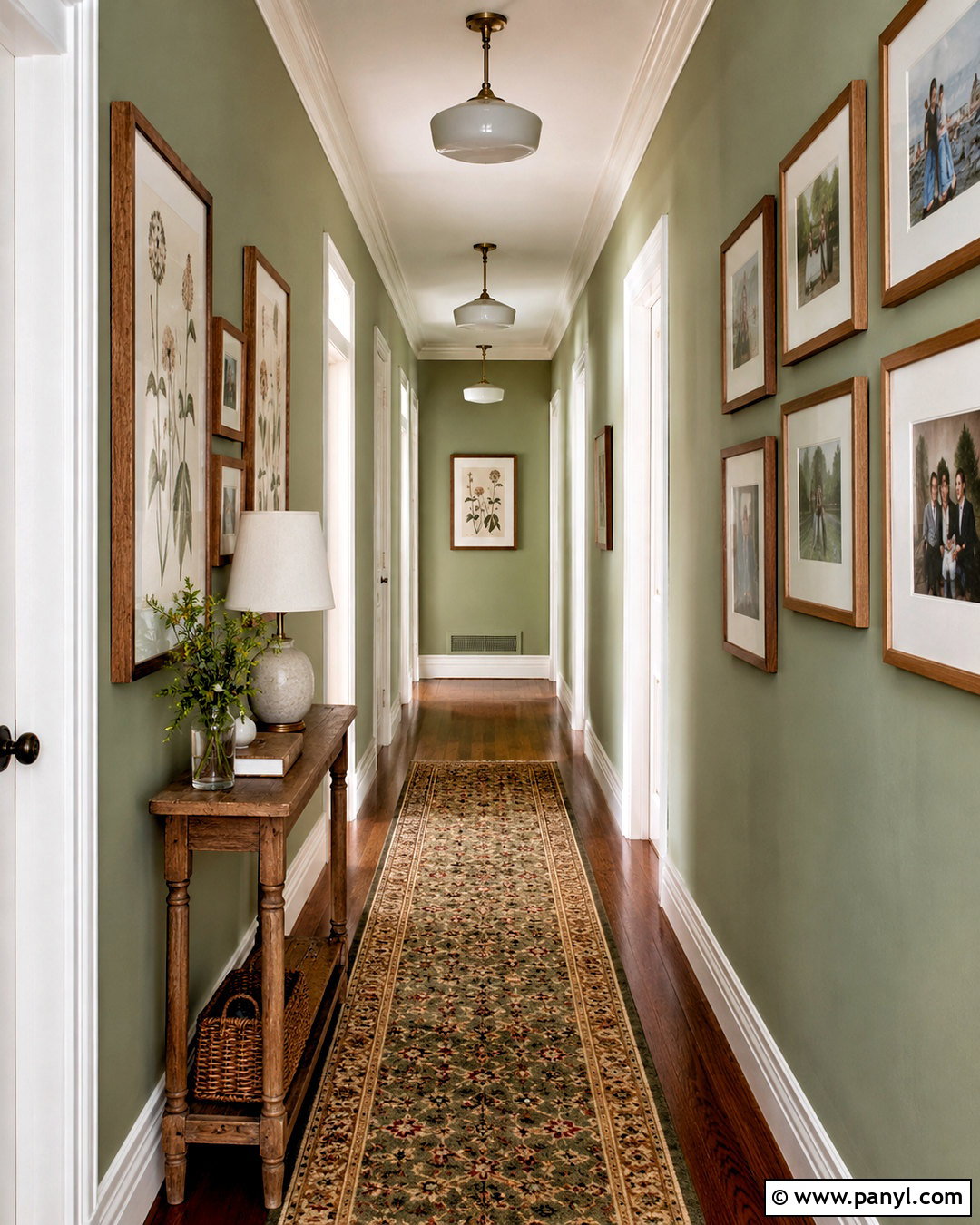 Softened Green Hallway With Picture Frames - 35 softened green sherwin williams ideas