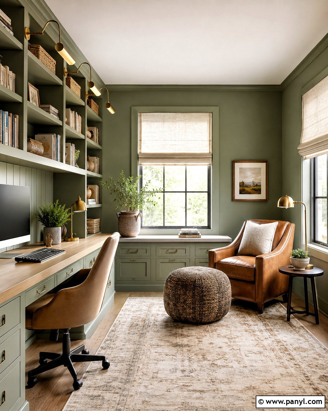 Softened Green Home Office With Built Ins - 35 softened green sherwin williams ideas