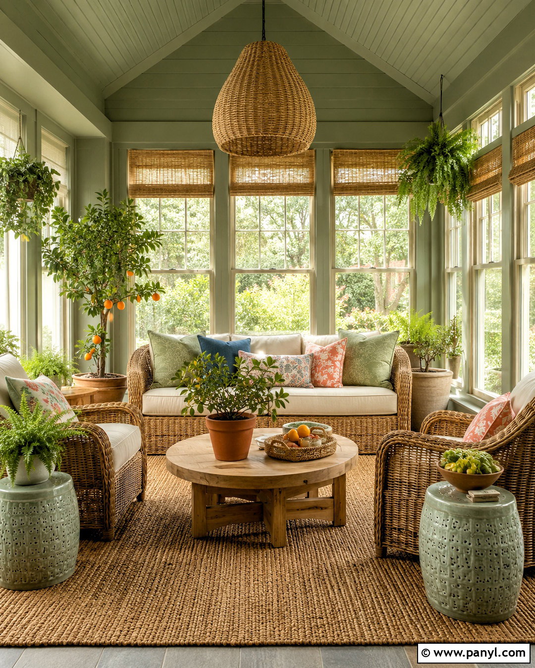 Softened Green Sunroom With Wicker Furniture - 35 softened green sherwin williams ideas