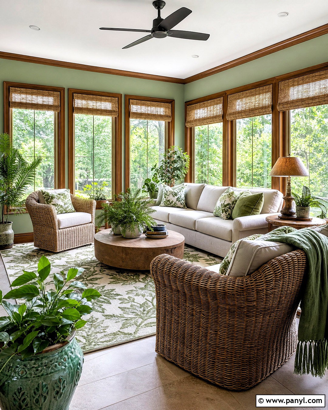 Stained Trim Sunroom With Green Accents - 20 stained trim interior ideas