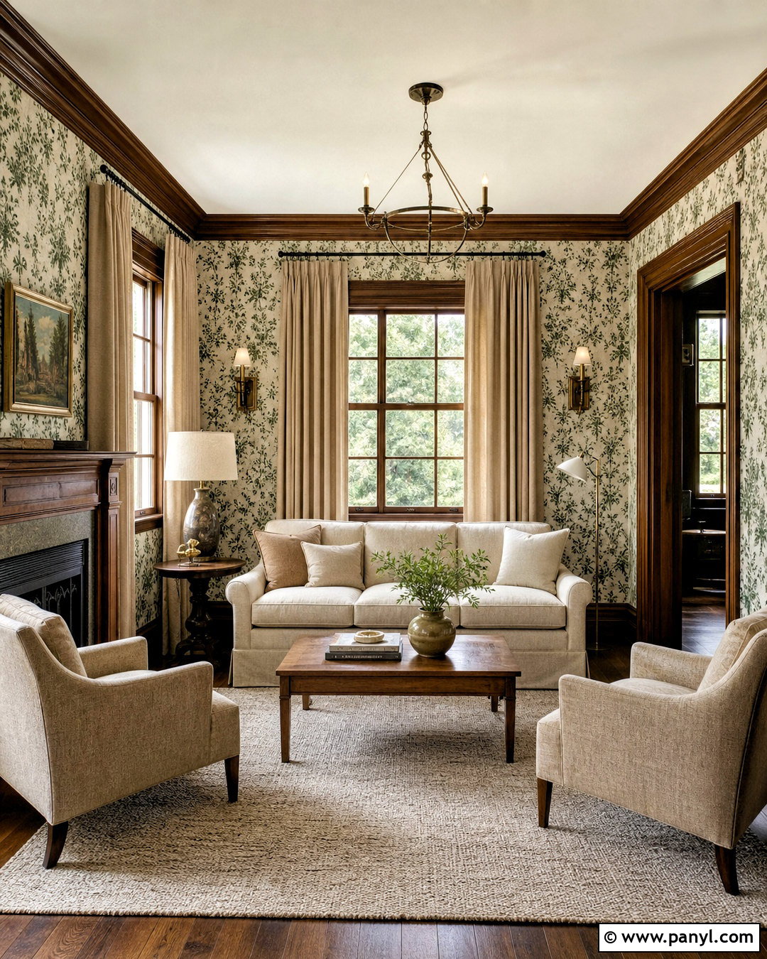 Stained Trim With Botanical Wallpaper - 20 stained trim interior ideas