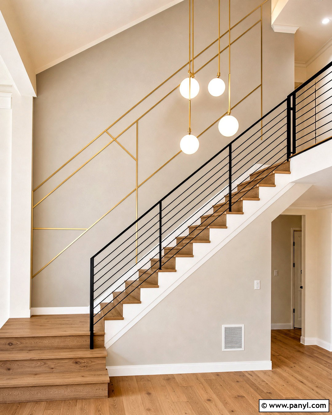 Staircase Wall With Diagonal Golden Strips - 20 golden strip wall design ideas