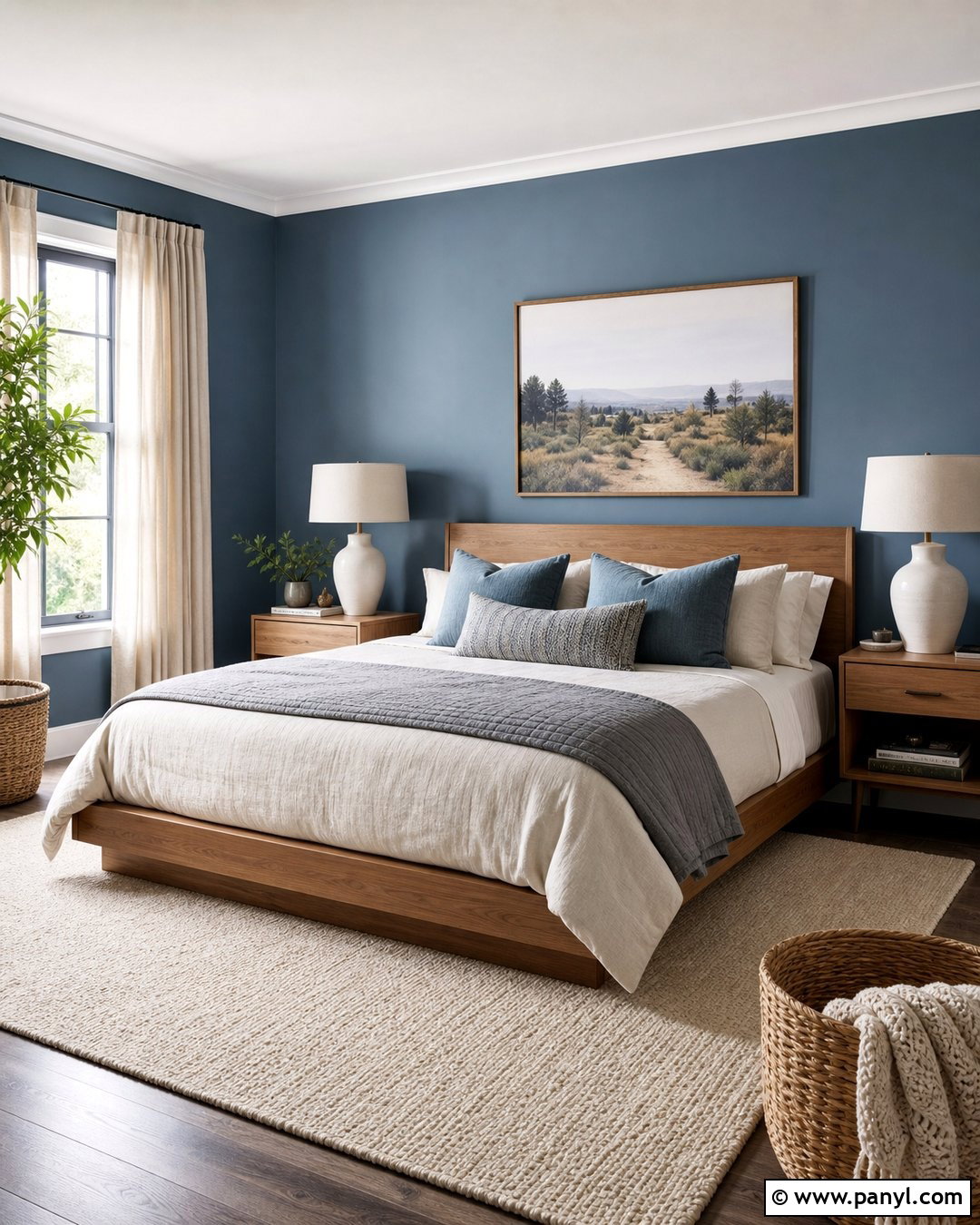 Steel Blue Bedroom With Natural Wood - 20 Steel Blue Wall Ideas
