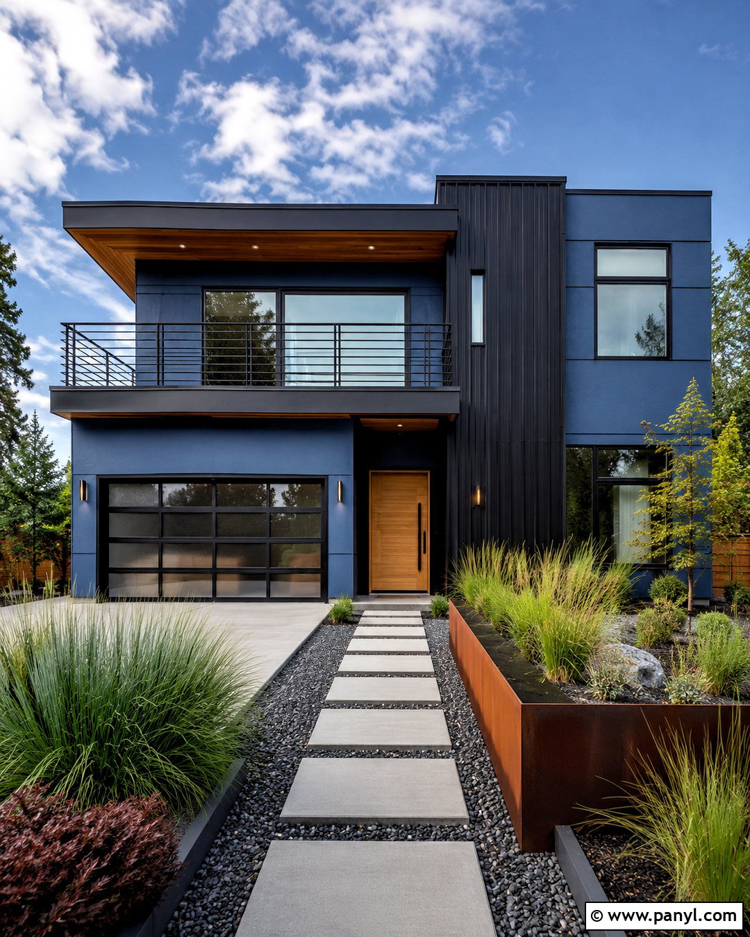 Steel Blue Contemporary House With Black Trim - 20 blue house black trim ideas