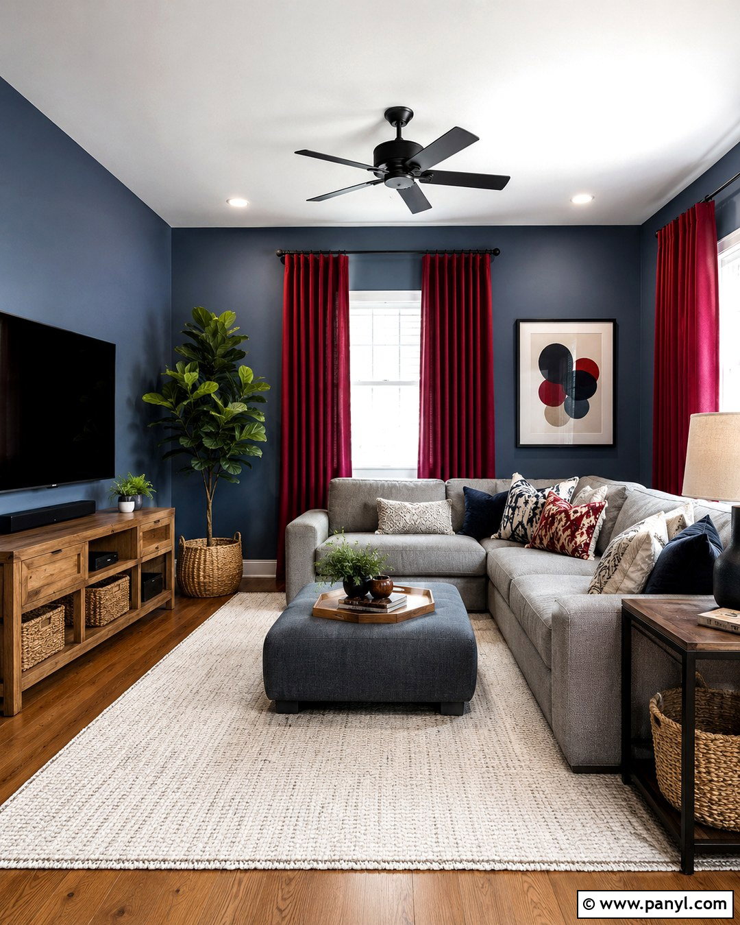 Steel Blue Family Room With Red Blackout Curtains - 20 Blue Walls Red Curtains