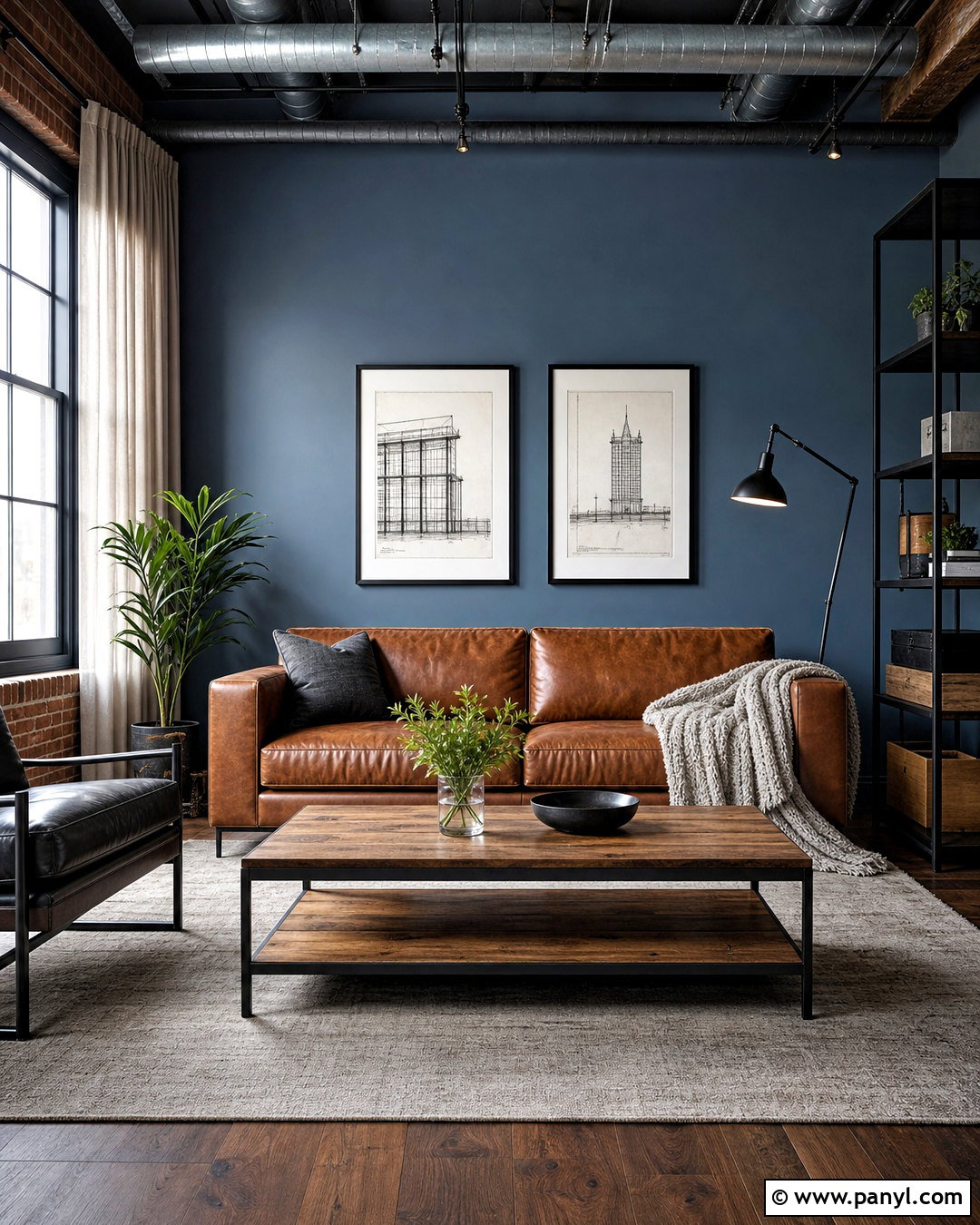 Steel Blue Feature Wall With Industrial Decor - 20 blue feature wall living room ideas