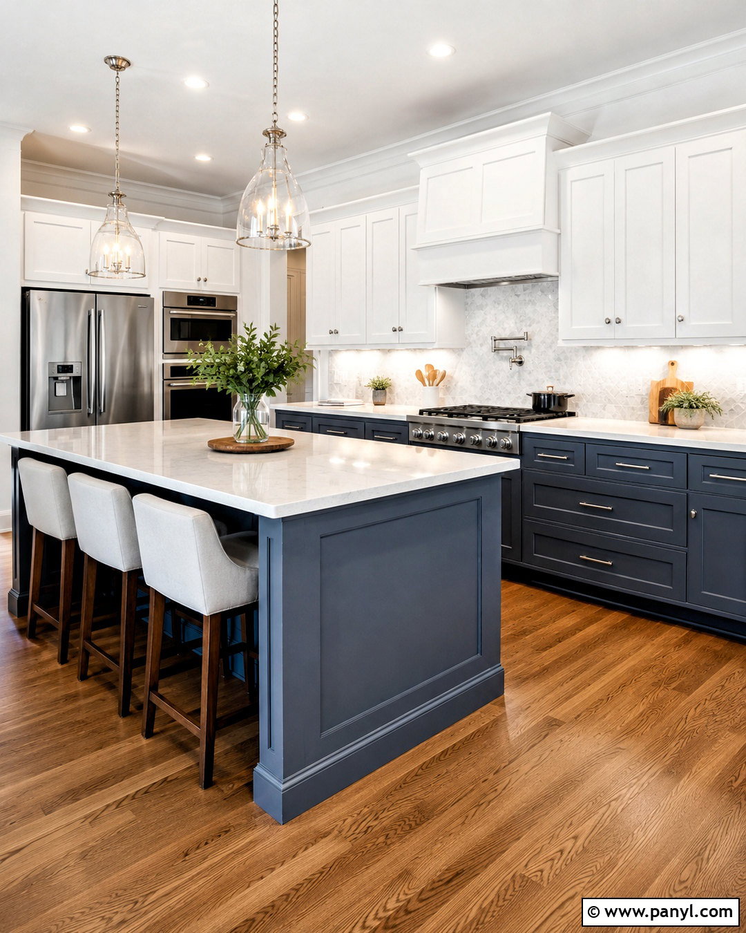 Steel Blue Lower Cabinets With Transitional Details - 20 blue lower cabinets white upper ideas