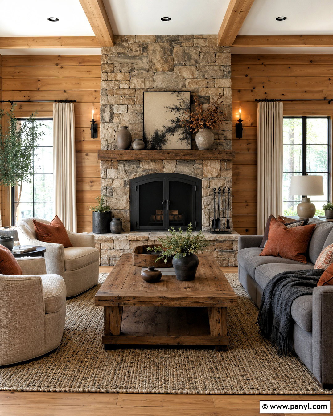 Stone Fireplace Pine Walls Living Room - 20 pine walls living room ideas