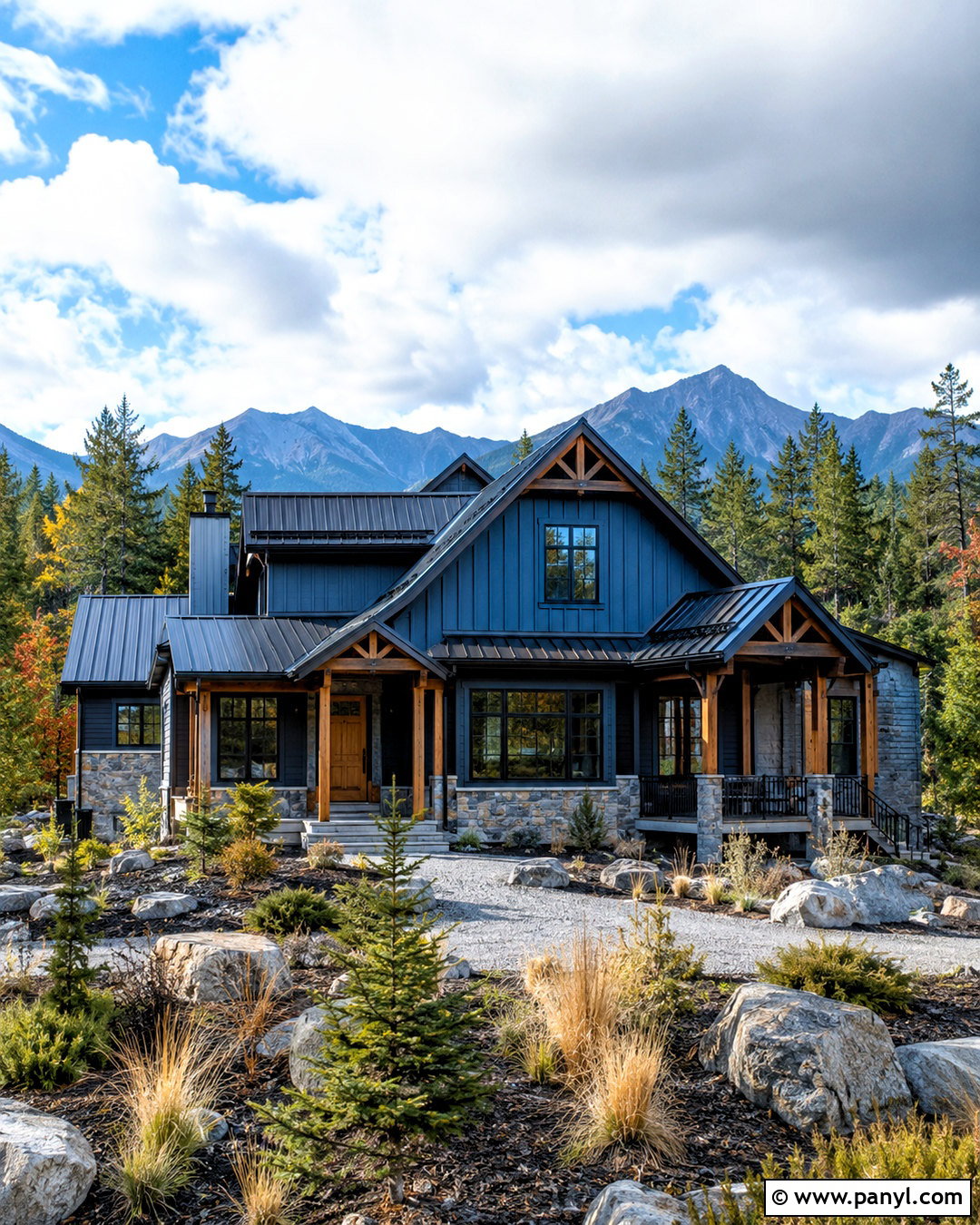 Storm Blue Mountain House With Black Trim - 20 blue house black trim ideas