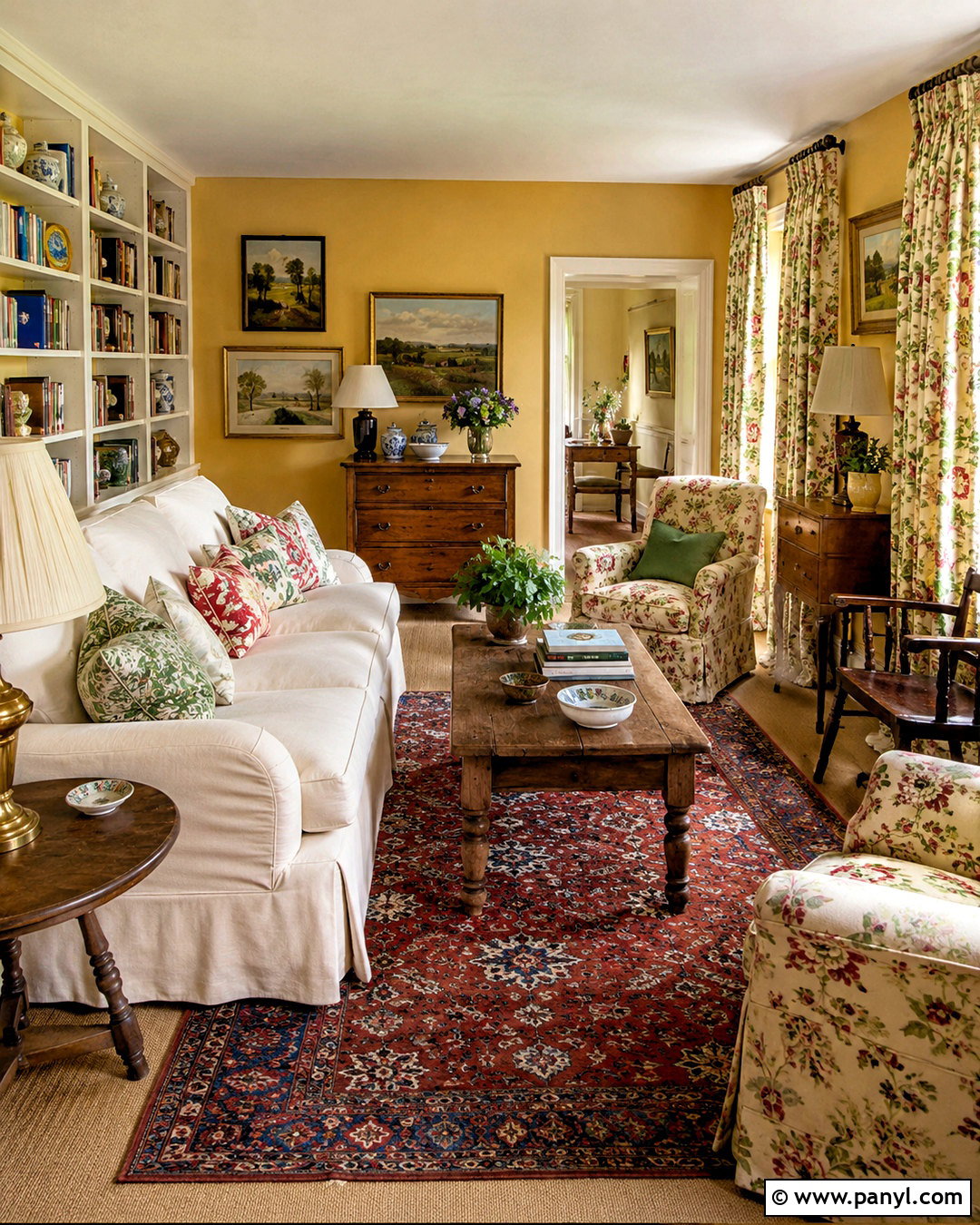 Straw Yellow Wall English Country Sitting Room - 20 Yellow Wall Vintage Style Ideas