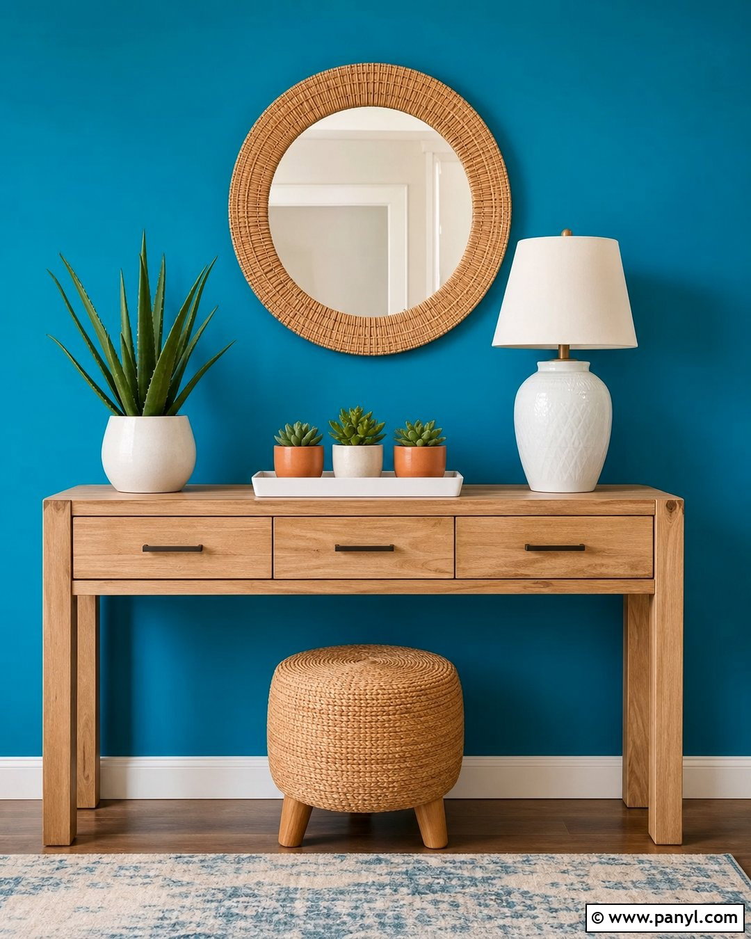Succulent Table Against Turquoise Blue Wall - 20 Green Plant Against Blue Wall Ideas