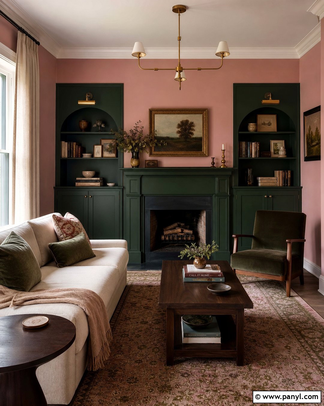 Sulking Room Pink Living Room With Dark Green Fireplace - 35 Farrow And Ball Sulking Room Pink Ideas