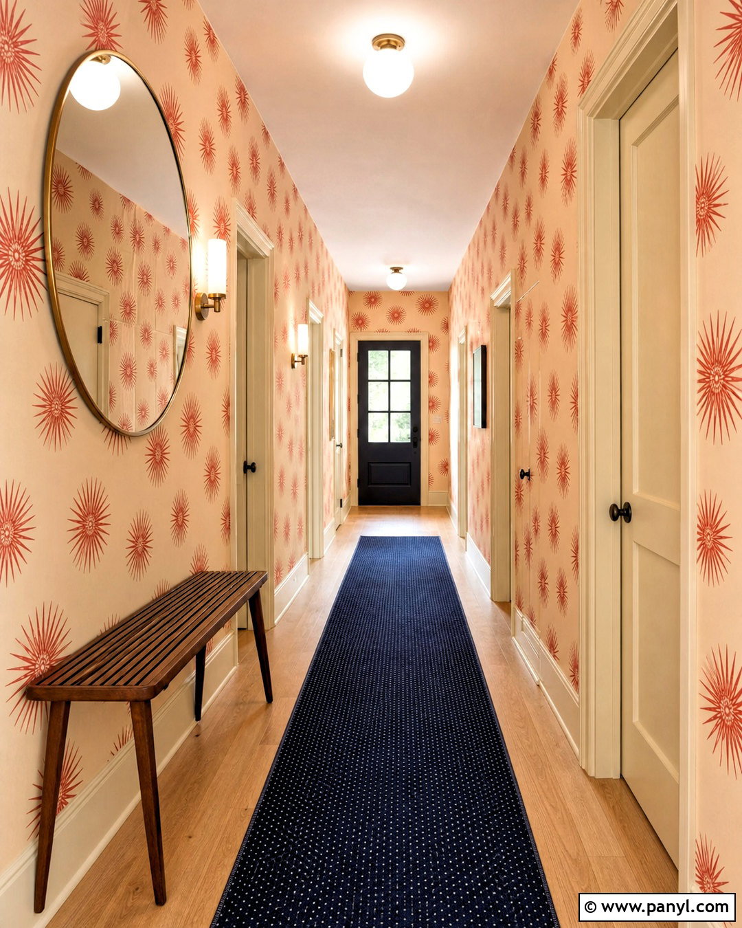 Sunburst Red Wallpaper Hallway - 20 funky red wallpaper ideas