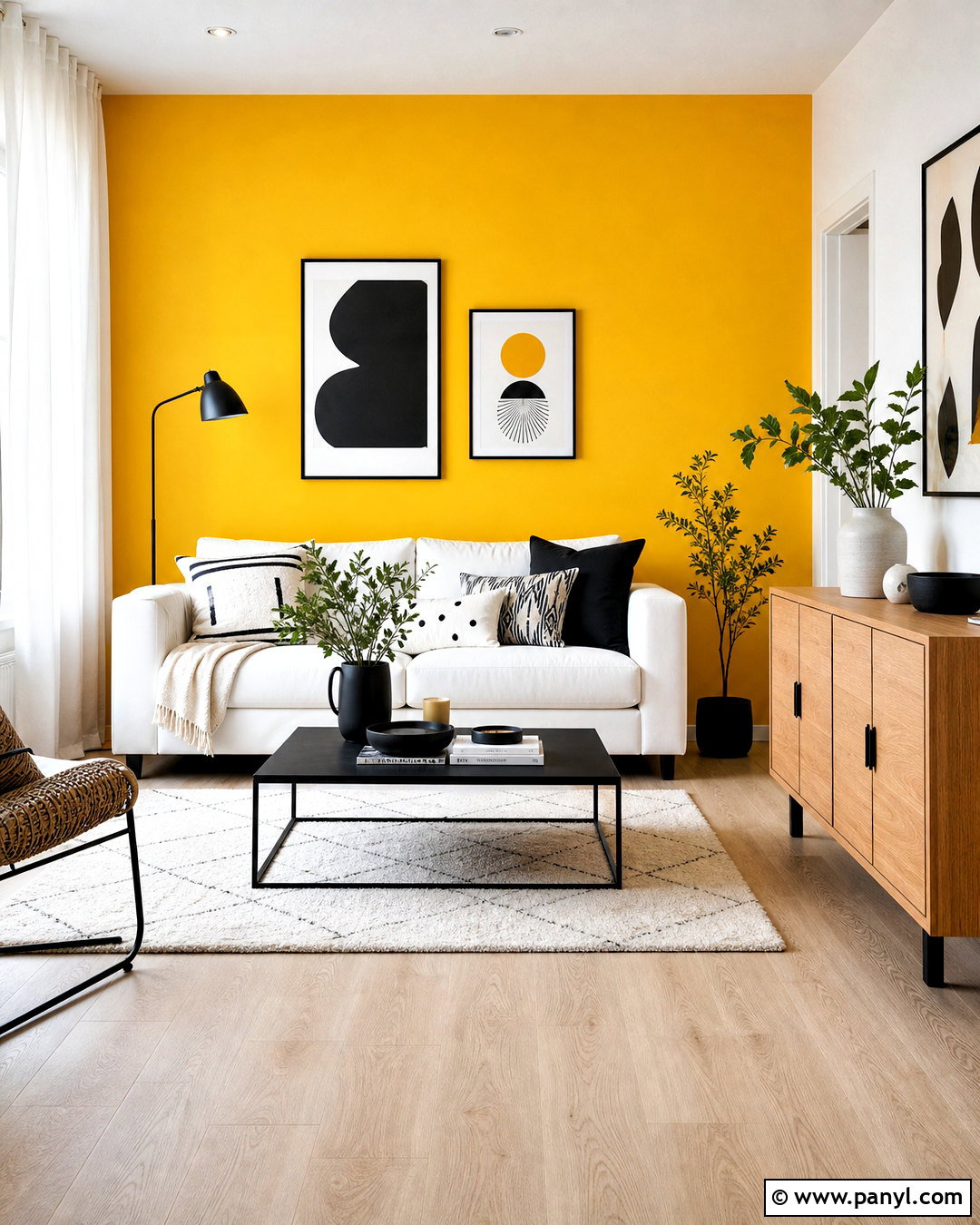 Sunflower Yellow Feature Wall With White Sofa - 20 yellow feature wall living room ideas