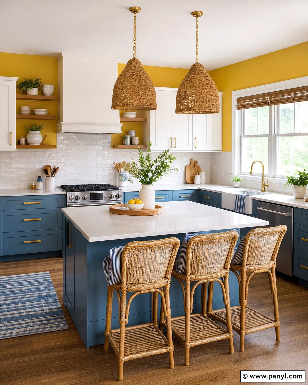 Sunflower Yellow Kitchen Walls With Blue Cabinets - 45 Yellow Kitchen Walls