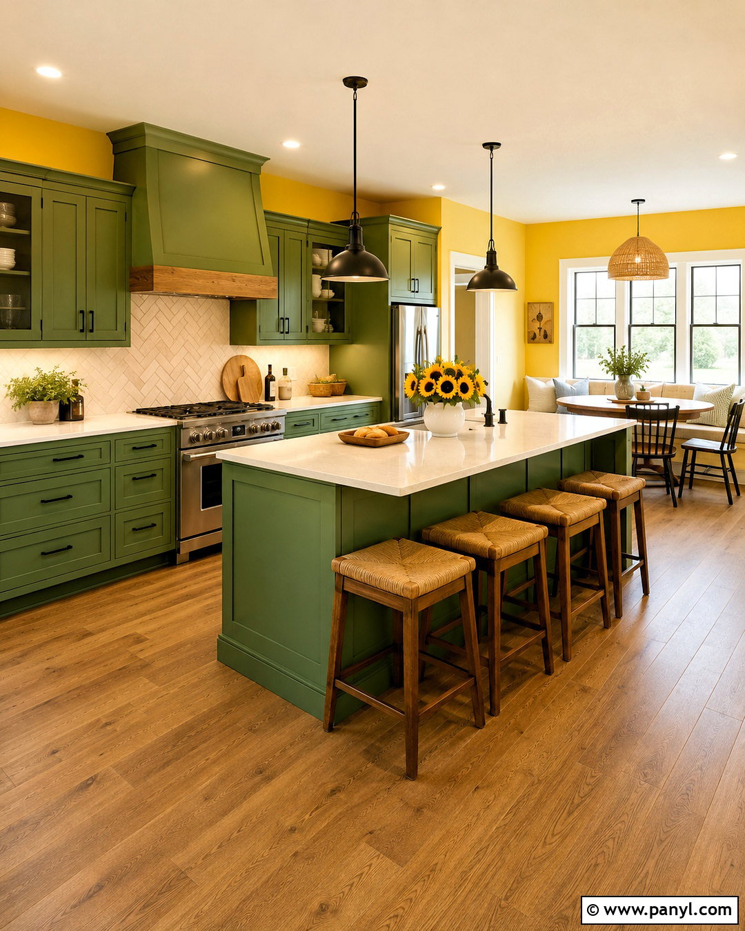 Sunflower Yellow Walls With Pine Green Cabinets - 20 Yellow Wall Green Cabinets