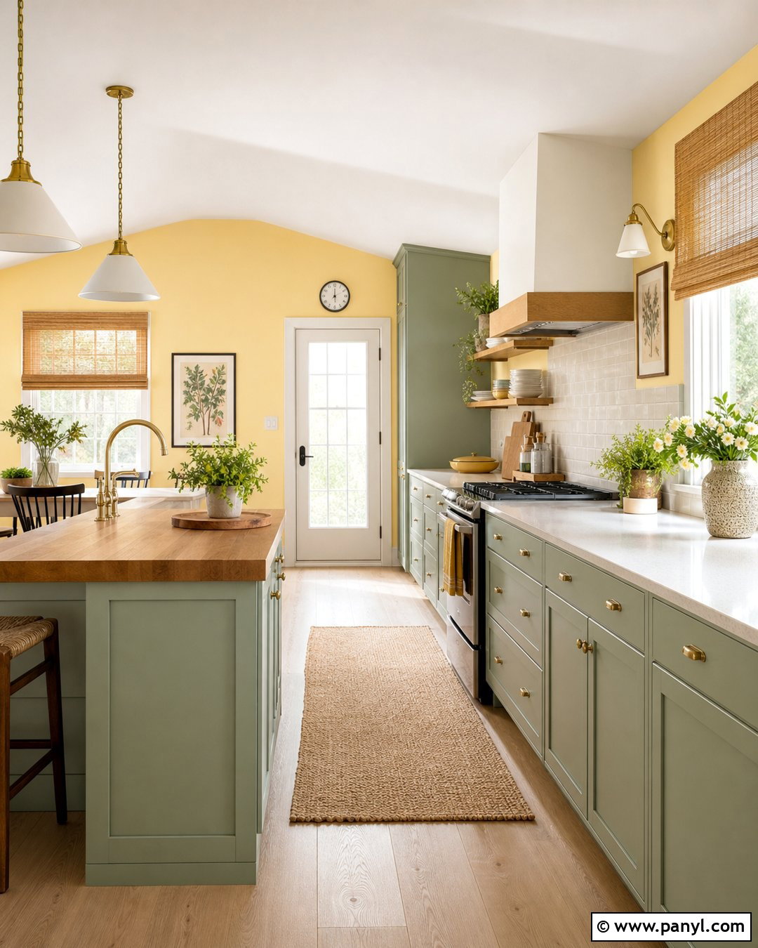 Sunny Yellow Walls With Sage Green Cabinets - 30 Yellow Walls Kitchen Ideas