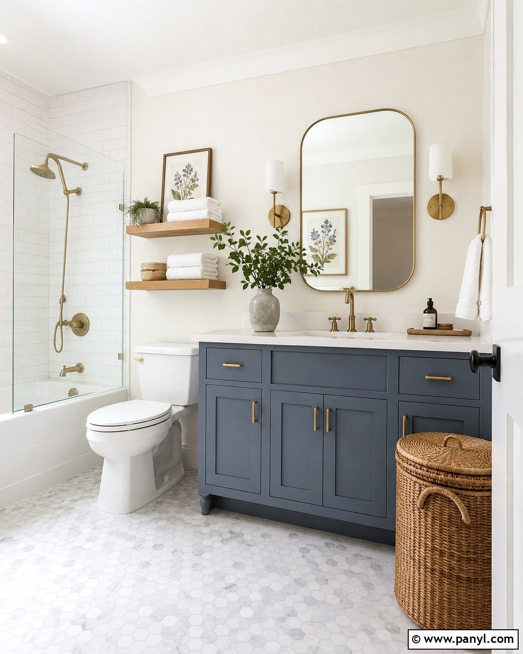 Swiss Coffee Bathroom With Blue Vanity - 20 Swiss Coffee Wall Paint Ideas