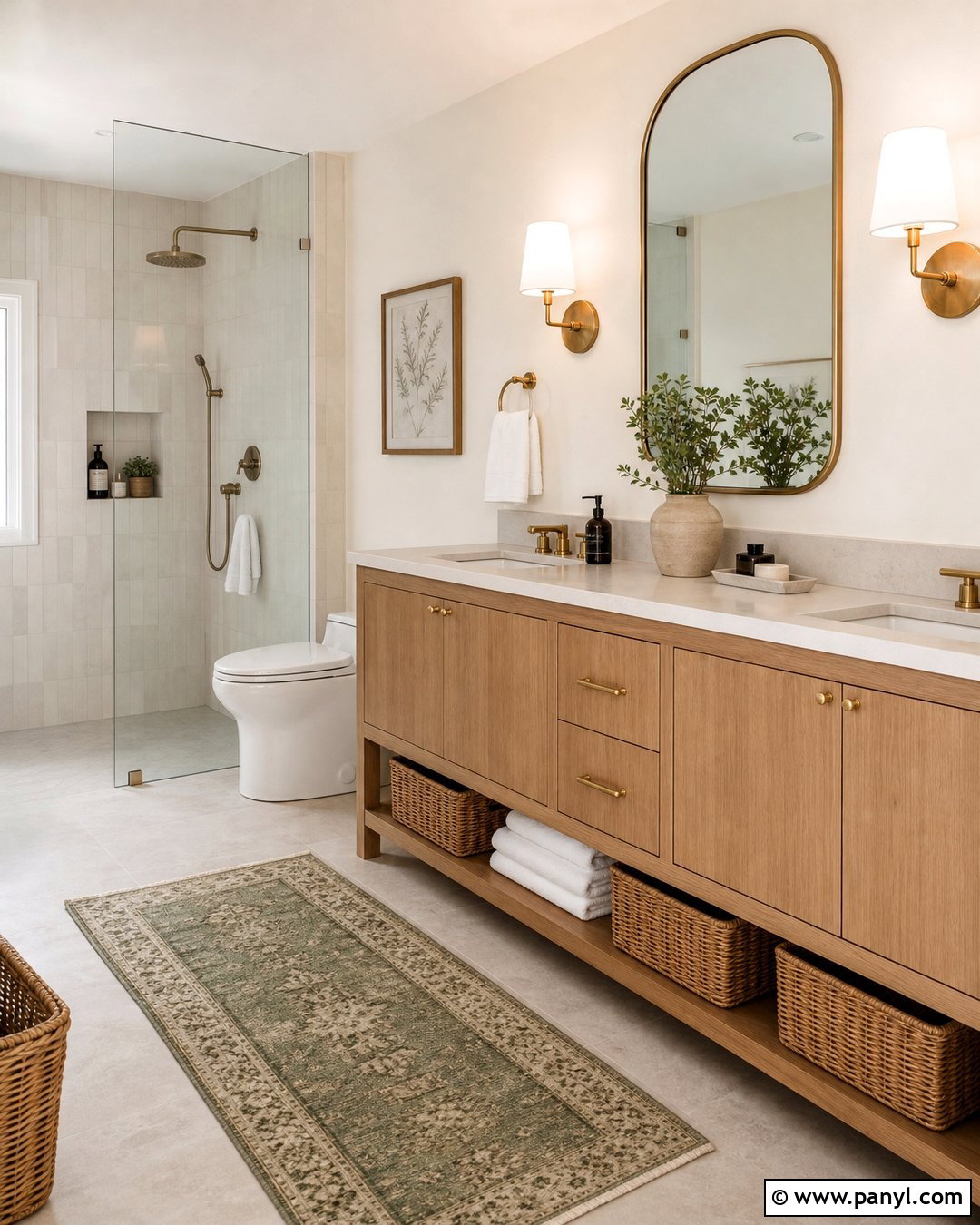 Swiss Coffee Bathroom With Oak Vanity - 35 bm swiss coffee walls