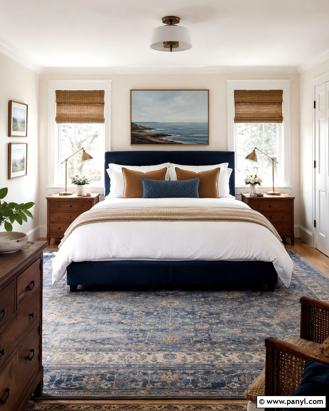 Swiss Coffee Bedroom With Navy Blue Accents - 20 Swiss Coffee Interior Walls