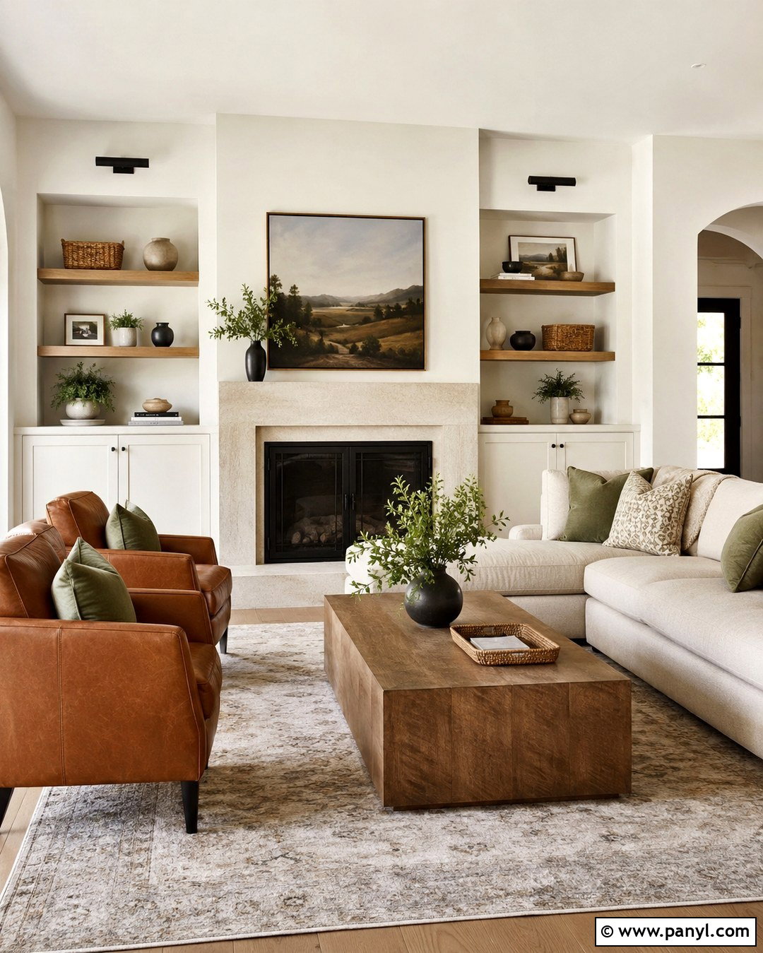 Swiss Coffee Family Room With Stone Fireplace - 20 Swiss Coffee Wall Paint Ideas