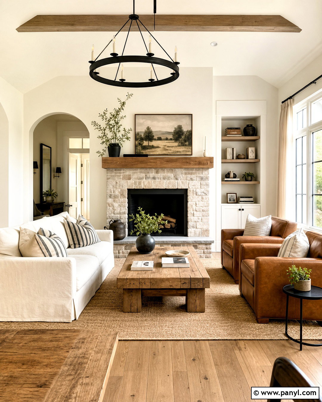 Swiss Coffee Farmhouse Living Room With White Trim - 20 swiss coffee walls with white trim ideas