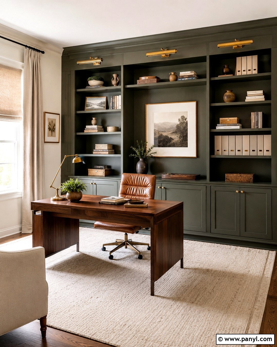 Swiss Coffee Home Office With Dark Built-Ins - 20 Swiss Coffee Interior Walls
